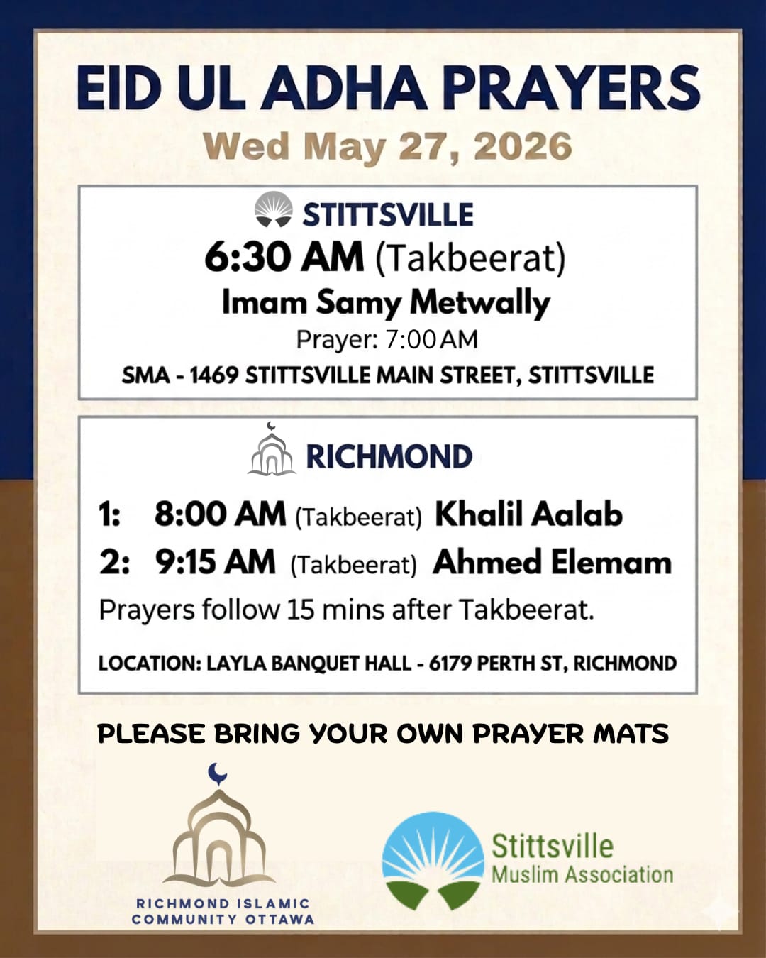 Eid ul Adha Prayers, Wednesday May 27 2026, Stittsville and Richmond locations